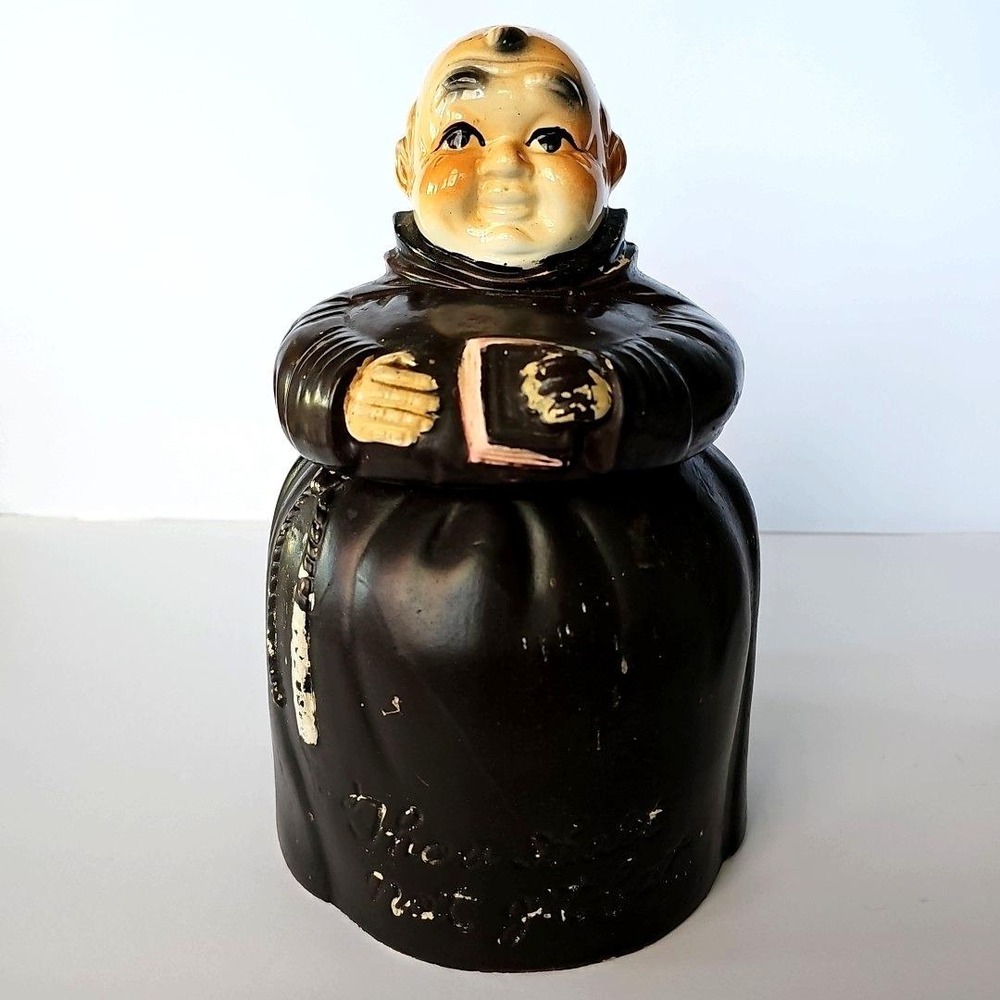 Vintage Friar Monk Cookie Jar Thou Shalt Not Get Fat Ceramic Kitsch Decor MCM